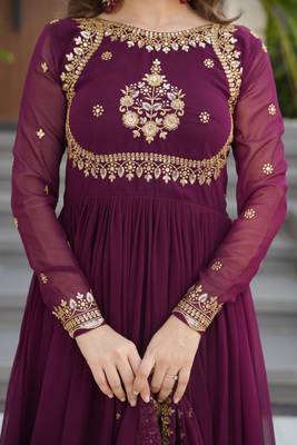 Wine luxury designer faux blooming georgette gown with zari & sequin embroidery 5