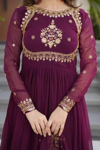 Wine luxury designer faux blooming georgette gown with zari & sequin embroidery
