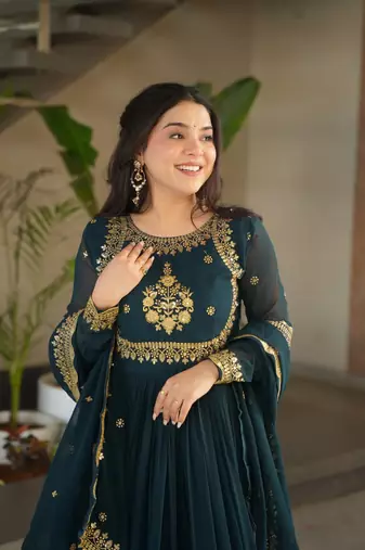 Teal luxury designer faux blooming georgette gown with zari & sequin embroidery