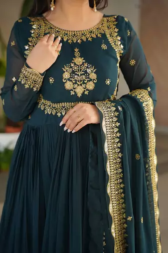 Teal luxury designer faux blooming georgette gown with zari & sequin embroidery