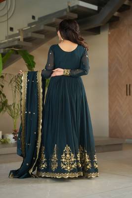 Teal luxury designer faux blooming georgette gown with zari & sequin embroidery 6