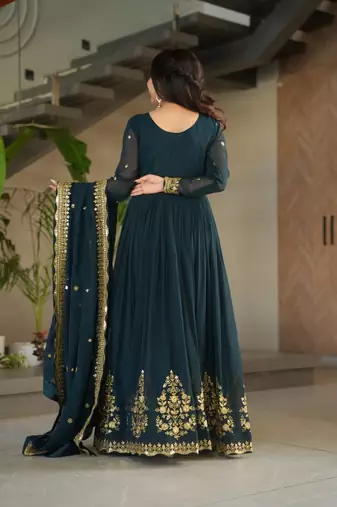 Teal luxury designer faux blooming georgette gown with zari & sequin embroidery