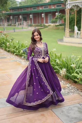 Purple faux blooming gown with sequins-multi embroidery