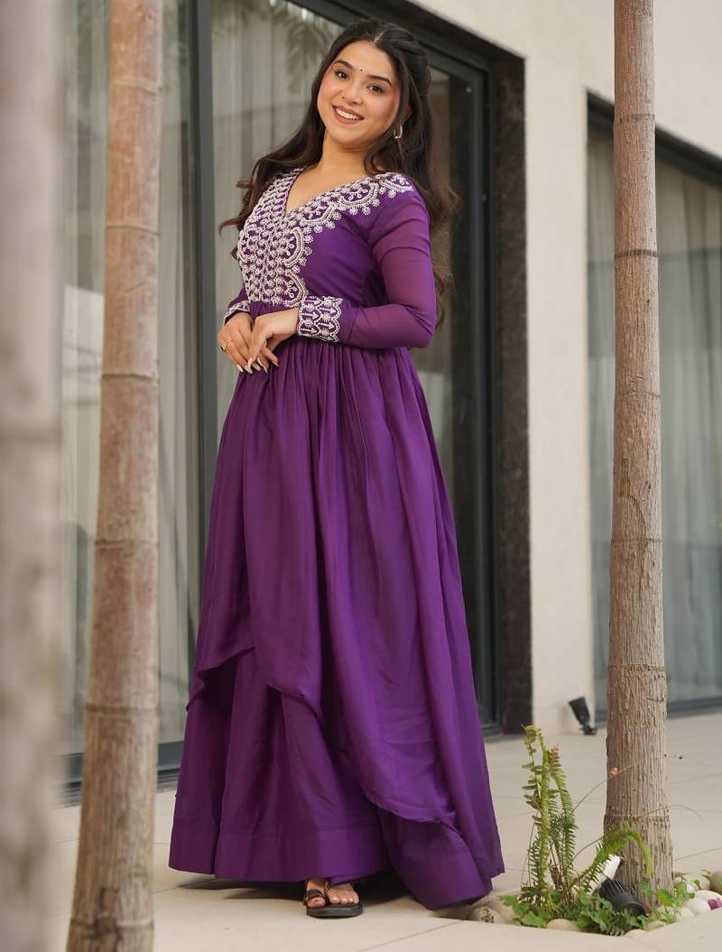 Purple star georgette beads and sequins embroidered work gown