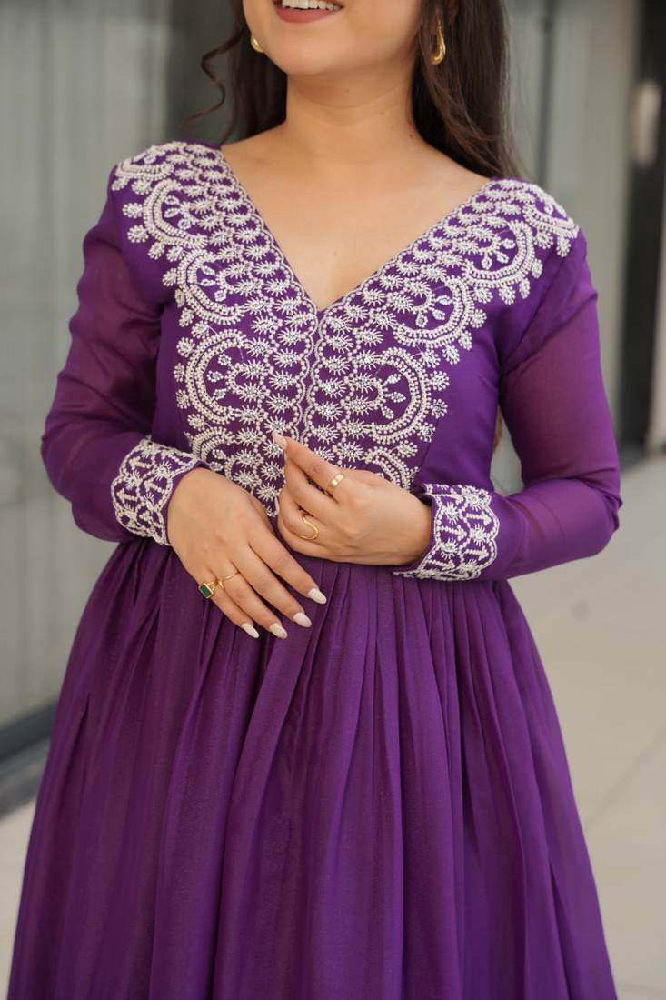 Purple star georgette beads and sequins embroidered work gown