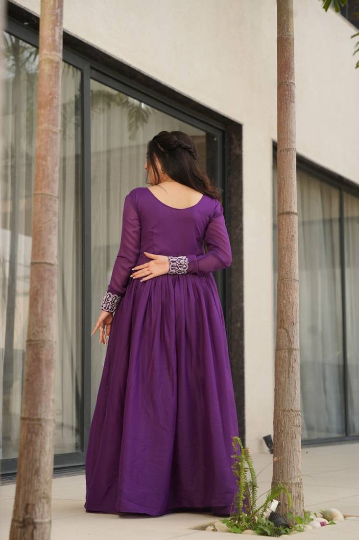 Purple star georgette beads and sequins embroidered work gown