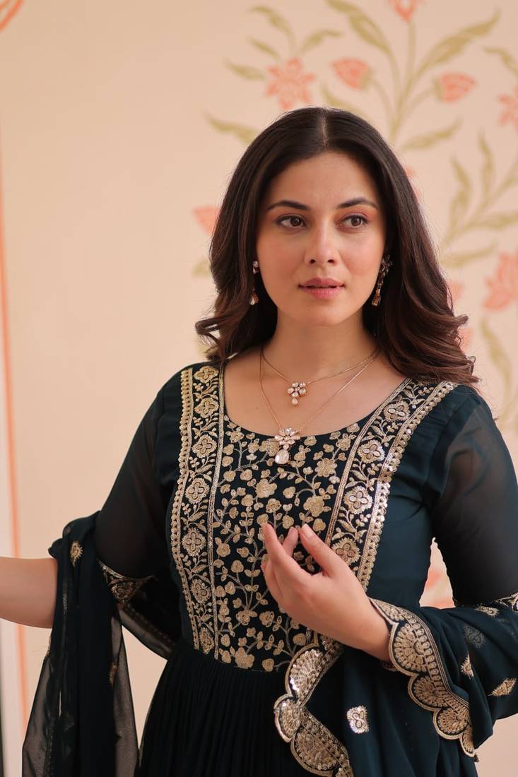 Teal faux blooming embroidered gown set with designer dupatta