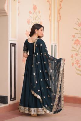Teal faux blooming embroidered gown set with designer dupatta 5