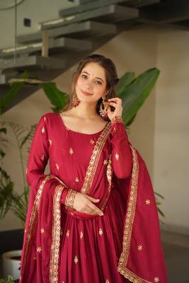 Maroon chinnon sequence embroidered gown 4