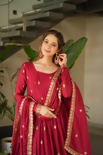 Maroon chinnon sequence embroidered gown