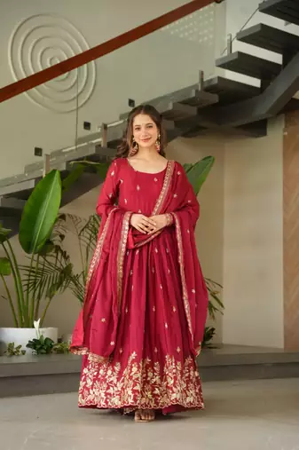 Maroon chinnon sequence embroidered gown
