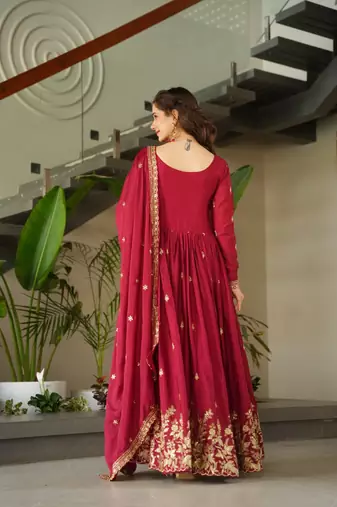 Maroon chinnon sequence embroidered gown