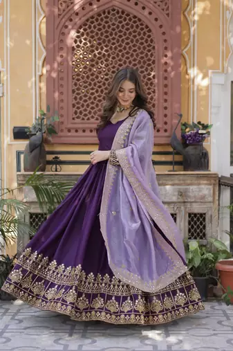 Purple star georgette embroidered gown with gold crush dupatta