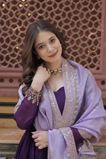 Purple star georgette embroidered gown with gold crush dupatta