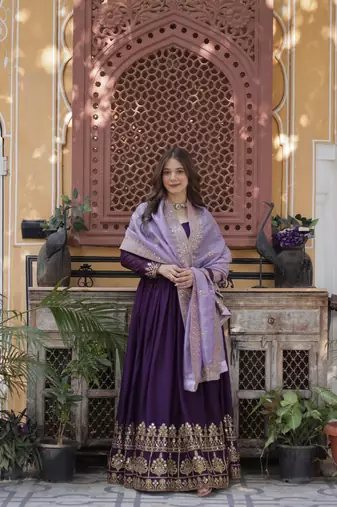 Purple star georgette embroidered gown with gold crush dupatta