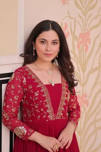 Rani pink faux blooming embroidered sequins zari work gown