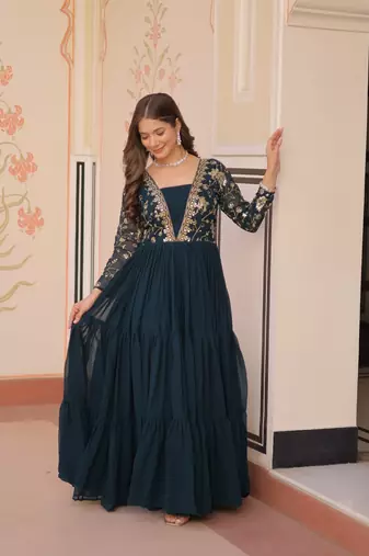 Teal green faux blooming embroidered sequins zari work gown