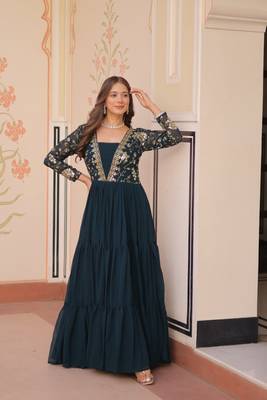 Teal green faux blooming embroidered sequins zari work gown 4