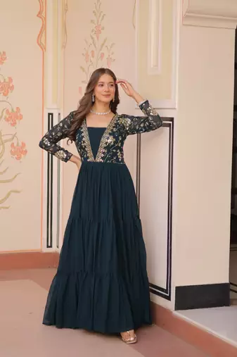 Teal green faux blooming embroidered sequins zari work gown