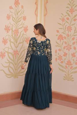 Teal green faux blooming embroidered sequins zari work gown 5
