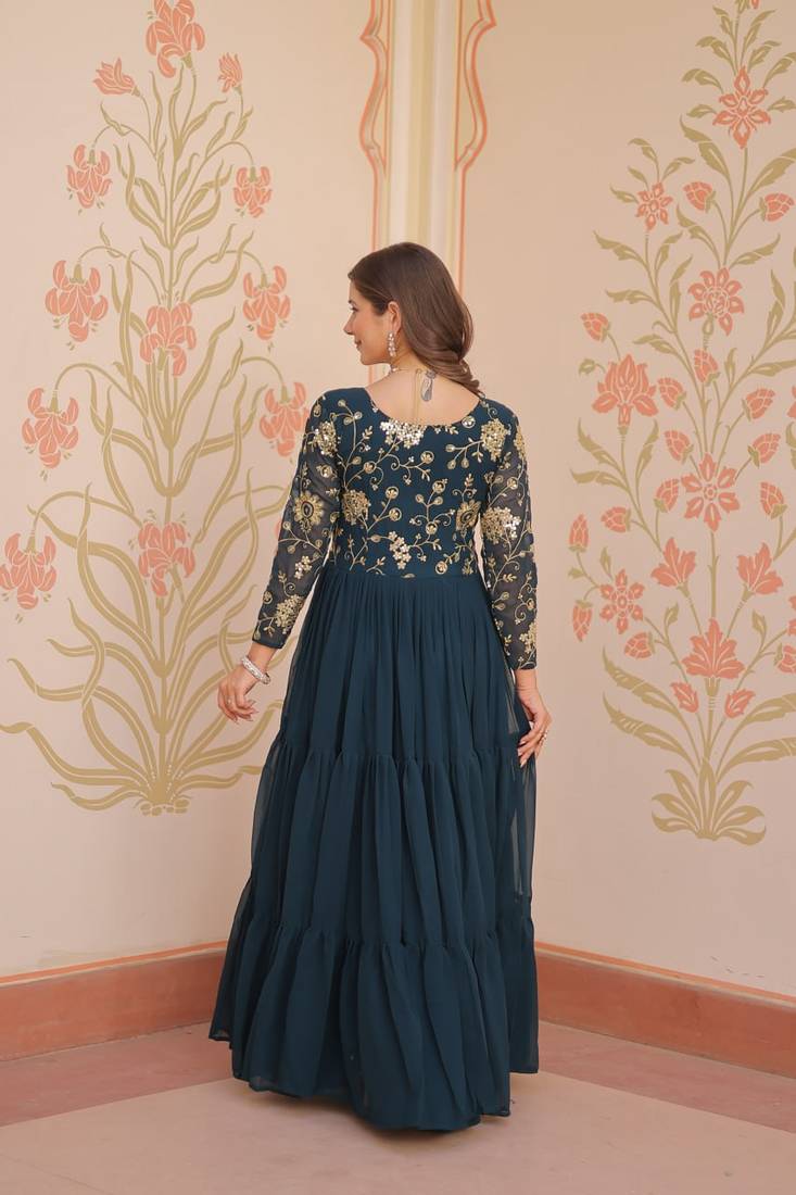 Teal green faux blooming embroidered sequins zari work gown