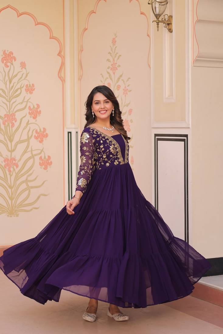 Purple faux blooming embroidered sequins zari work gown