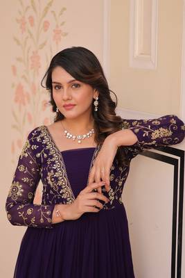 Purple faux blooming embroidered sequins zari work gown 4