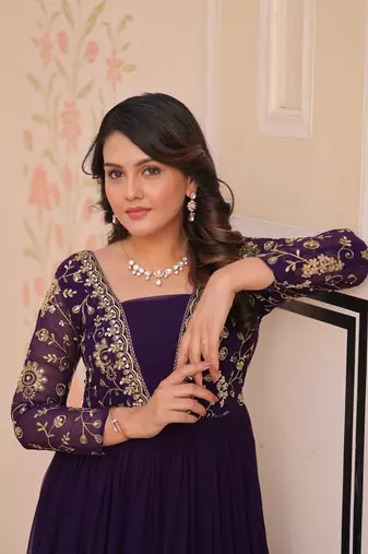 Purple faux blooming embroidered sequins zari work gown