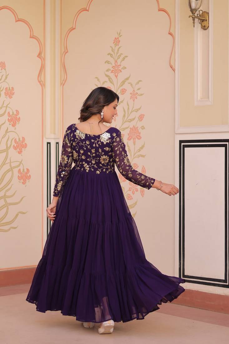 Purple faux blooming embroidered sequins zari work gown