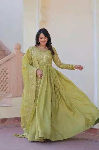 Green gold crush fabric embroidered gown set with matching dupatta     sequins & multi thread work
