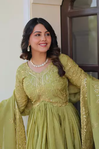 Green gold crush fabric embroidered gown set with matching dupatta     sequins & multi thread work