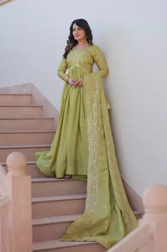Green gold crush fabric embroidered gown set with matching dupatta     sequins & multi thread work
