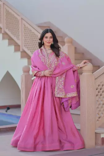 Pink gold crush fabric embroidered gown set with matching dupatta     sequins & multi thread work