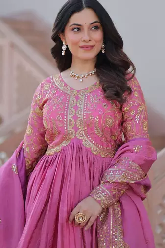 Pink gold crush fabric embroidered gown set with matching dupatta     sequins & multi thread work