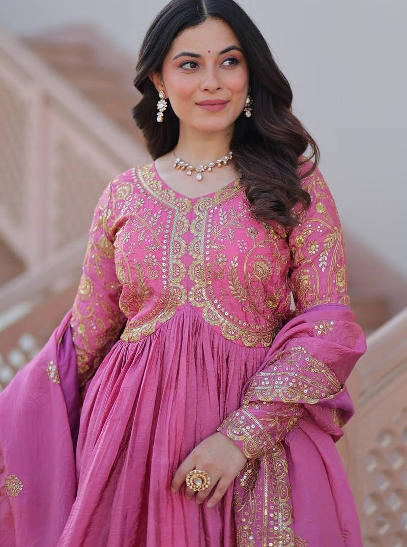 Pink gold crush fabric embroidered gown set with matching dupatta     sequins & multi thread work