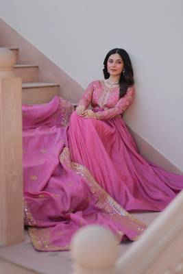 Pink gold crush fabric embroidered gown set with matching dupatta     sequins & multi thread work 5