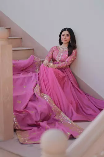 Pink gold crush fabric embroidered gown set with matching dupatta     sequins & multi thread work