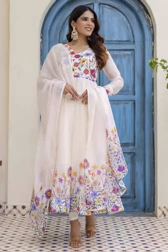 off-white organza floral printed anarkali gown set with dupatta & pant