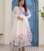 off-white organza floral printed anarkali gown set with dupatta & pant