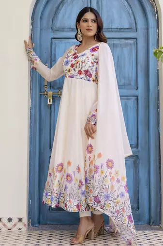 off-white organza floral printed anarkali gown set with dupatta & pant