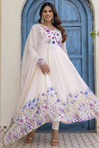 off-white organza floral printed anarkali gown set with dupatta & pant