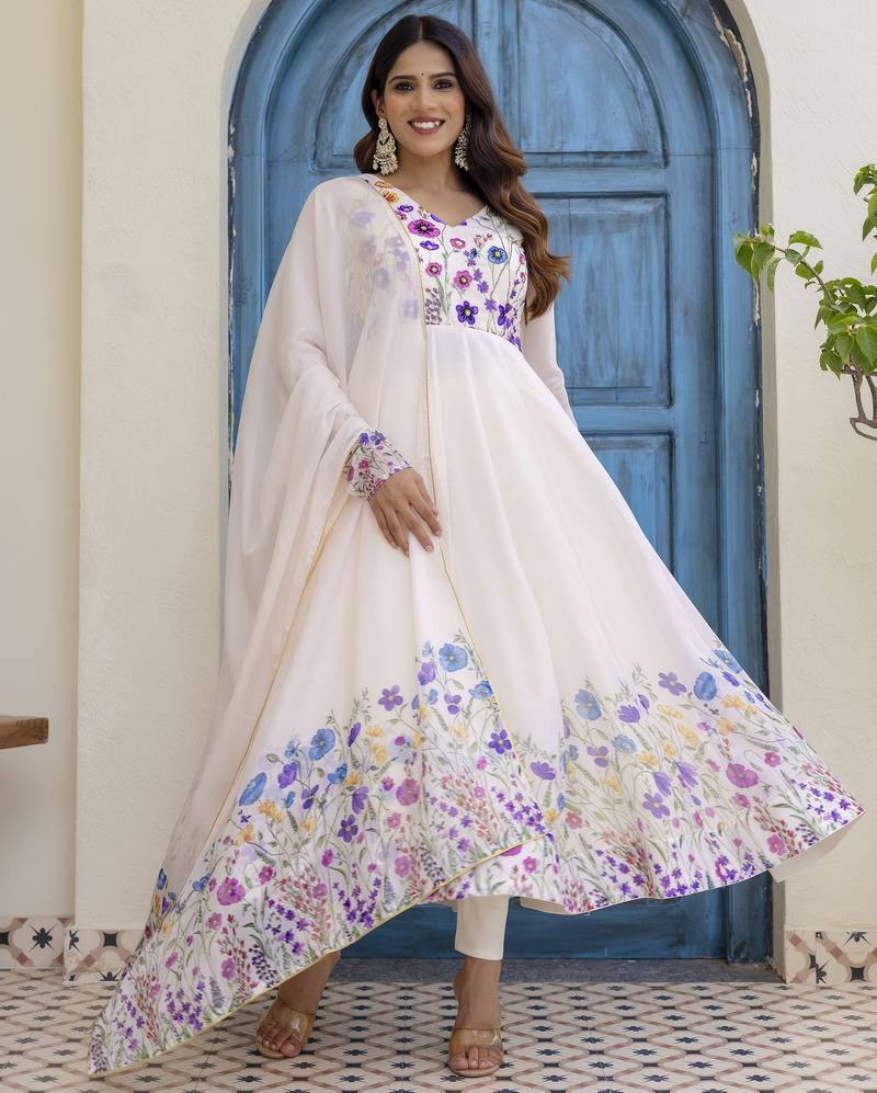 off-white organza floral printed anarkali gown set with dupatta & pant