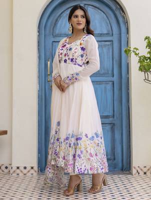 off-white organza floral printed anarkali gown set with dupatta & pant 2