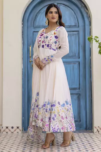 off-white organza floral printed anarkali gown set with dupatta & pant