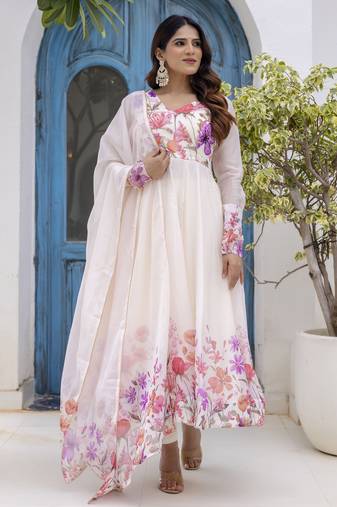off-white organza floral printed anarkali gown set with dupatta & pant