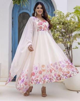 off-white organza floral printed anarkali gown set with dupatta & pant 2