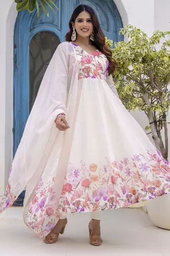 off-white organza floral printed anarkali gown set with dupatta & pant