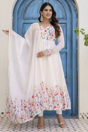 off-white organza floral printed anarkali gown set with dupatta & pant