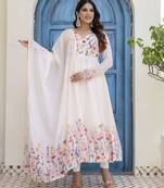 off-white organza floral printed anarkali gown set with dupatta & pant