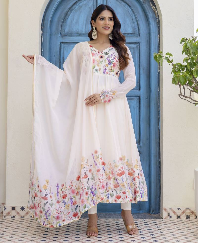 off-white organza floral printed anarkali gown set with dupatta & pant
